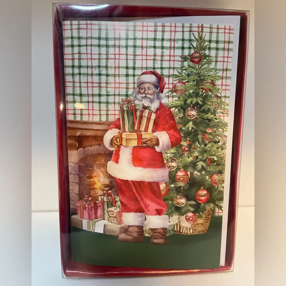 Santa Claus Christmas Card Pack with Gold Accents and Christmas Tree,Set of 40